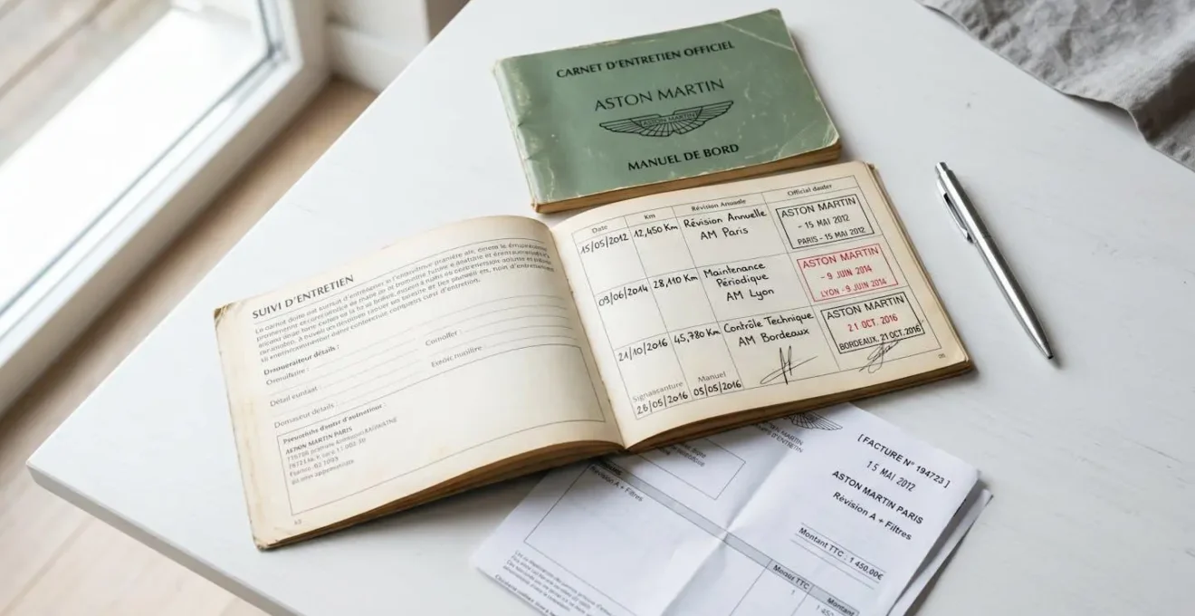 Carnet d'entretien Aston Martin officiel ouvert montrant l'historique des révisions avec tampons d'ateliers et dates de maintenance
