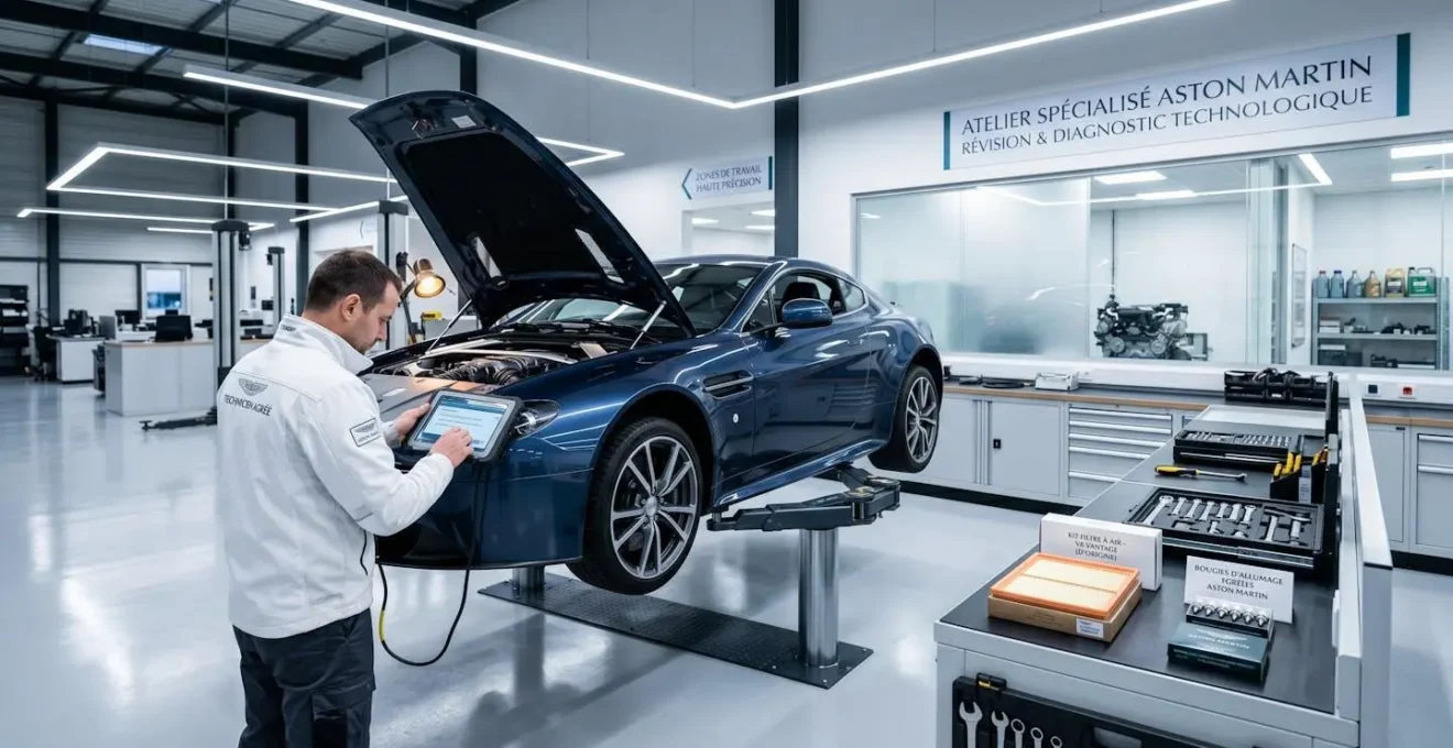 Technicien expert effectuant la révision moteur d'une Aston Martin dans un atelier spécialisé moderne équipé de matériel de diagnostic électronique professionnel