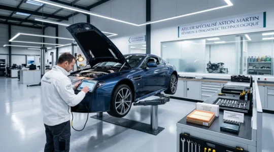 Technicien expert effectuant la révision moteur d'une Aston Martin dans un atelier spécialisé moderne équipé de matériel de diagnostic électronique professionnel